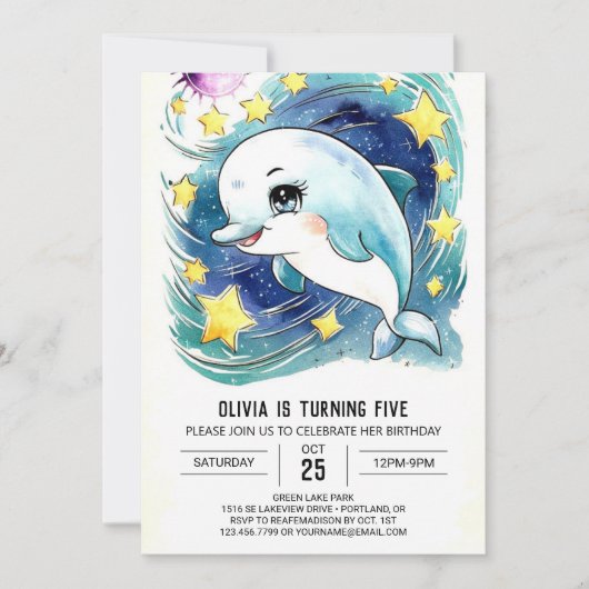 エンチャントシンプルド水中ドルフィン誕生日 招待状 (正面)