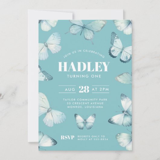 エンチャントティール（緑がかった色）ブルーバタフライガール誕生日 招待状 (正面)