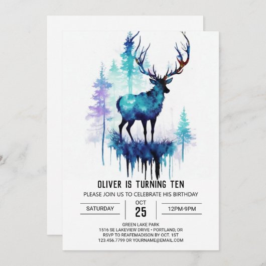 エンチャントディアウォーターカラー〔雄ジカの〕枝角誕生日 招待状 (正面/裏面)