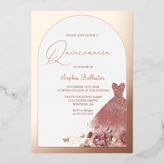 エンチャントドレス赤面フローラキンセアニェラバラ金ゴールド 箔招待状 (正面)