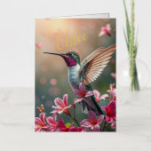 エンチャントハミングバード誕生日春の花 箔グリーティングカード (正面)