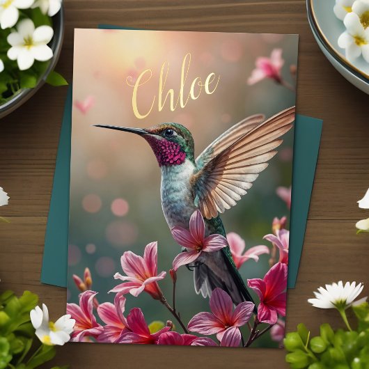 エンチャントハミングバード誕生日春の花 箔グリーティングカード