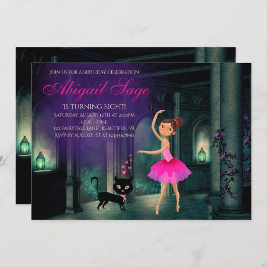 エンチャントバレリーナ&キャットバレエダンス誕生日 招待状 (正面/裏面)