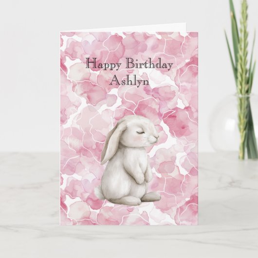 エンチャントピンクフローラかわいいバニー誕生日 カード (正面)