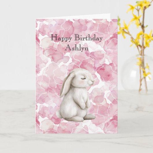 エンチャントピンクフローラかわいいバニー誕生日 カード (黄色い花)