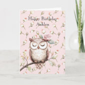エンチャントピンクローゼズフローラフクロウ誕生日 カード (正面)