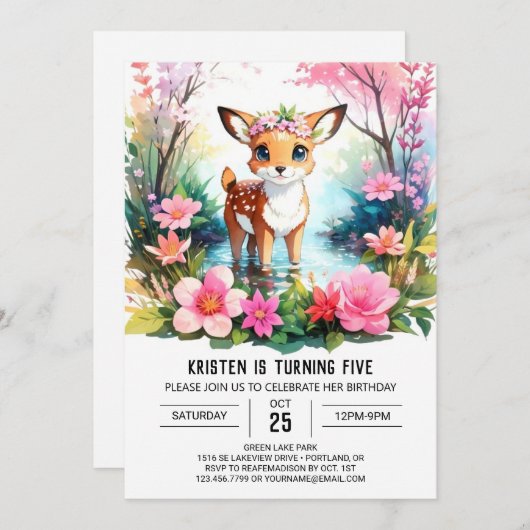 エンチャントファウンウォーターカラーウッドランドガール誕生日 招待状 (正面/裏面)
