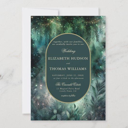 エンチャントフェイクフォレスト金ゴールド楕円結婚フレーム 招待状 (正面)