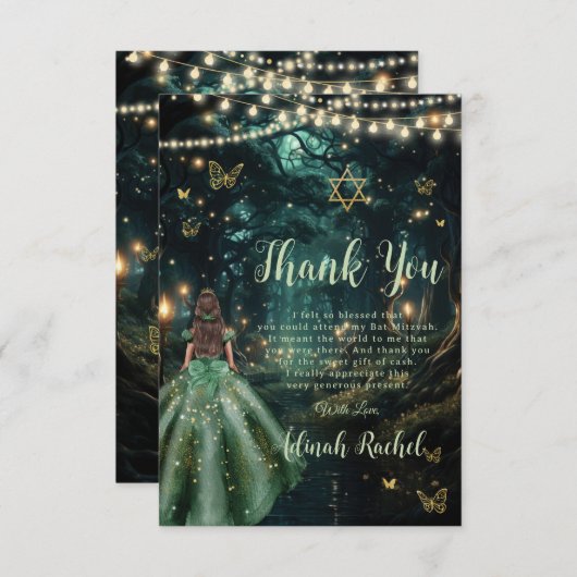 エンチャントフォレストエメラルドグリーンドレスバルミツワー サンキューカード (正面/裏面)