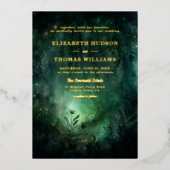 エンチャントフォレストエメラルド金ゴールドシックでエレガントな結婚式 箔招待状 (正面)