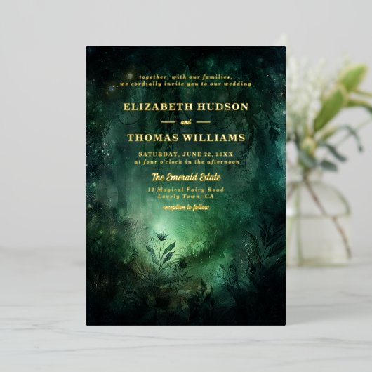 エンチャントフォレストエメラルド金ゴールドシックでエレガントな結婚式 箔招待状 (立ち正面)