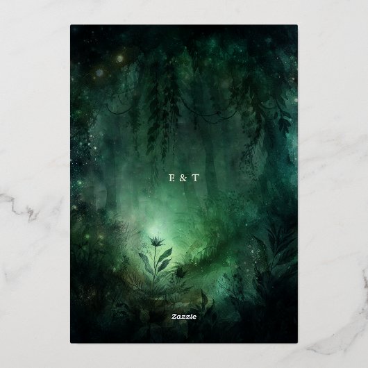 エンチャントフォレストエメラルド金ゴールドシックでエレガントな結婚式 箔招待状 (裏面)