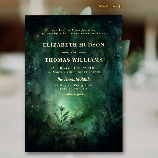 エンチャントフォレストエメラルド金ゴールドシックでエレガントな結婚式 箔招待状