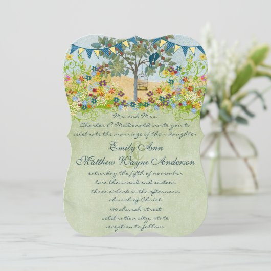 エンチャントフォレストティール（緑がかった色）ラブバード結婚式招待状 招待状 (スタンド正面)