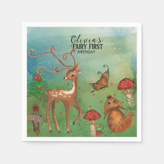 エンチャントフォレストディアー&キツネフェアリーファースト誕生日 スタンダードカクテルナプキン (正面)