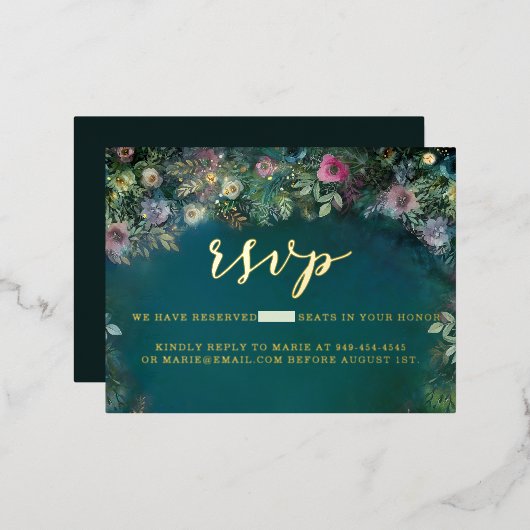 エンチャントフォレストバラアーチ金ゴールドスウィート16 RSVP 箔招待状ポストカード (正面/裏面)
