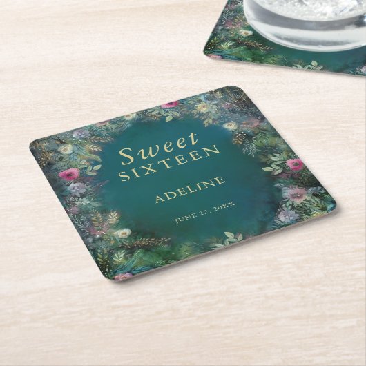 エンチャントフォレストバラグリーナリーフェアリーウッドランドRSVP スクエアペーパーコースター (アングル)