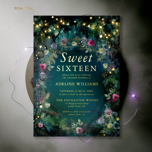 エンチャントフォレストバラ金ゴールドトゥインクルライトスウィート16 箔招待状