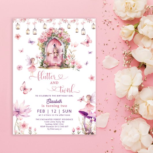 エンチャントフォレストピンクフェアリーワイルドフラワー誕生日 招待状