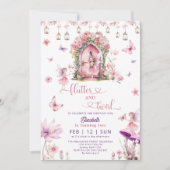 エンチャントフォレストピンクフェアリーワイルドフラワー誕生日 招待状 (正面)