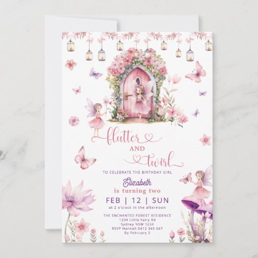 エンチャントフォレストピンクフェアリーワイルドフラワー誕生日 招待状 (正面)