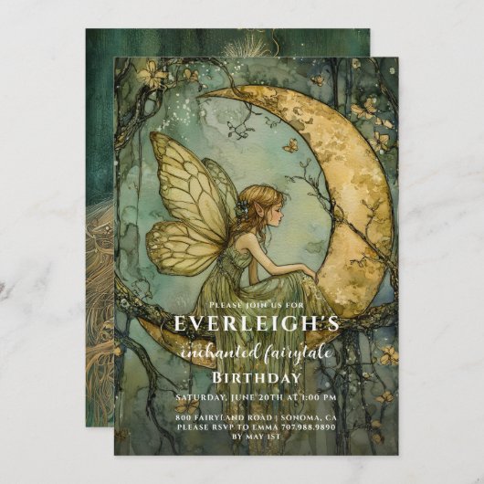 エンチャントフォレストフェアリークレセントムーン誕生日 招待状 (正面/裏面)