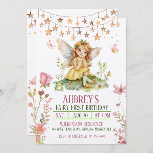 エンチャントフォレストフェアリーファースト誕生日招待状 招待状 (正面/裏面)