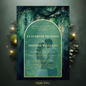 エンチャントフォレストボホアーチエメラルド結婚金ゴールド 箔招待状