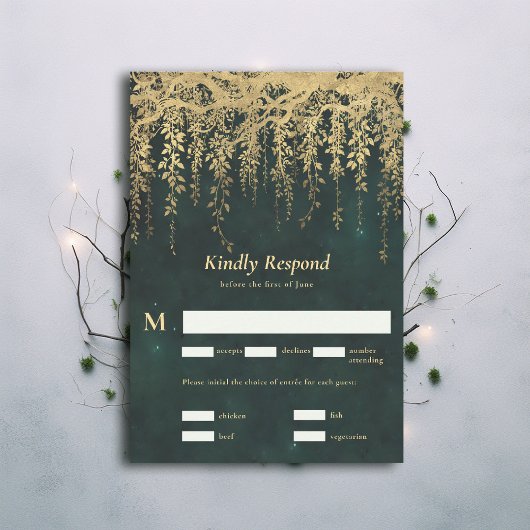 エンチャントフォレストマジカル金ゴールドつる植物ウェディングRSVP 出欠カード