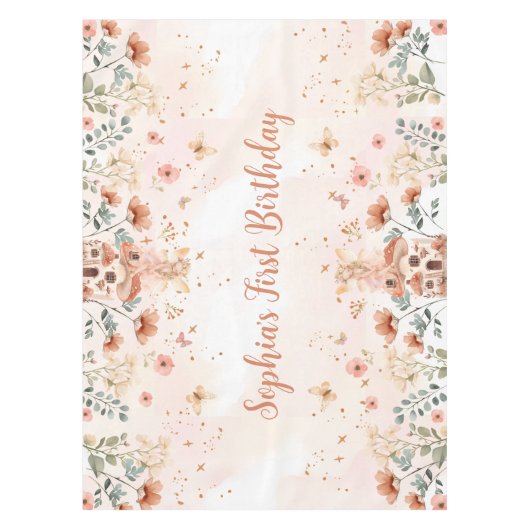 エンチャントフォレストマッシュルームガールズファースト誕生日 テーブルクロス (正面)