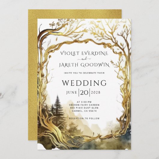 エンチャントフォレスト金ゴールドポータル結婚式招待状 招待状 (正面/裏面)