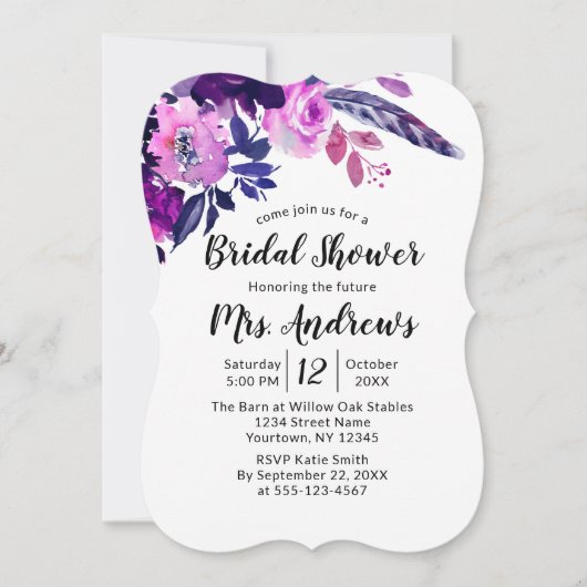 エンチャントフローラパープルウォーターブライダルシャワー 招待状 (正面)