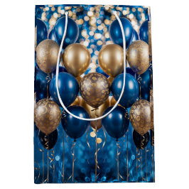 エンチャントブルーと金ゴールドギフトラッピング紙 ミディアムペーパーバッグ