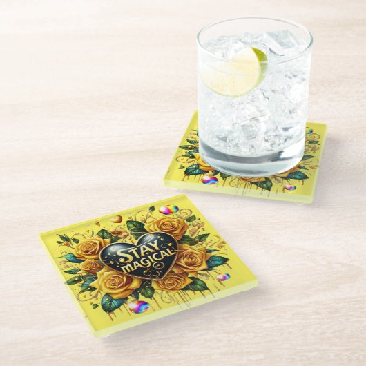 エンチャントブーケオブゴールデンバラとハート ガラスコースター (アングル)