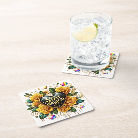エンチャントブーケオブゴールデンバラとハート スクエアペーパーコースター (インサイチュ)