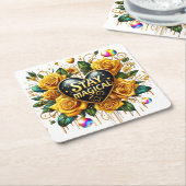 エンチャントブーケオブゴールデンバラとハート スクエアペーパーコースター (アングル)