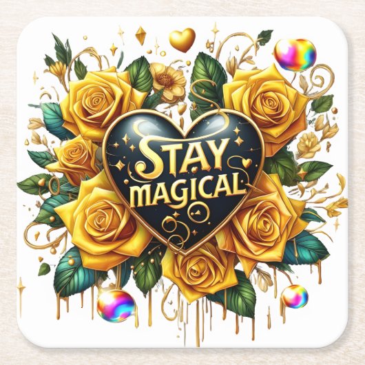 エンチャントブーケオブゴールデンバラとハート スクエアペーパーコースター (正面)