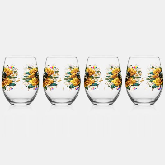 エンチャントブーケオブゴールデンバラとハート ステムなしワイングラス (左)