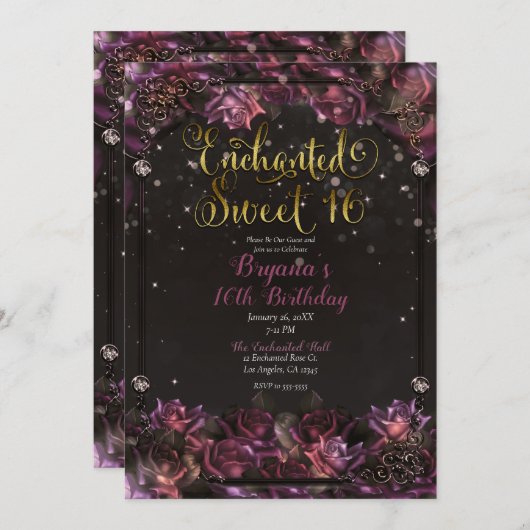 エンチャントベリーバラフローラ金ゴールドスウィート16パーティー 招待状 (正面/裏面)