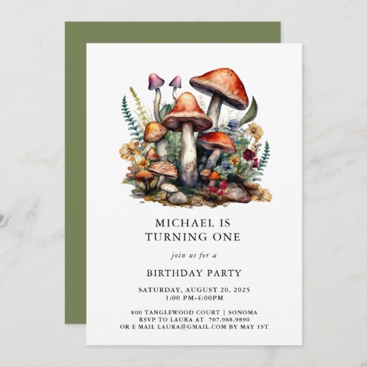 エンチャントマッシュルームウッドランドボーイファースト誕生日 招待状 (正面/裏面)
