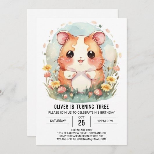 エンチャントモダンハムスター誕生日 招待状 (正面/裏面)