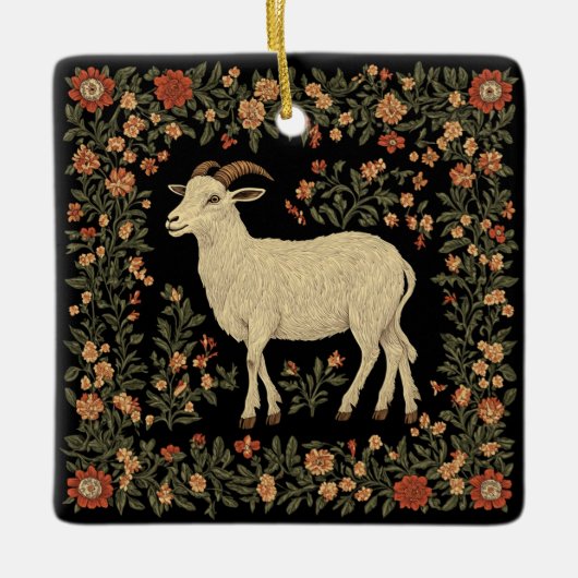 エンチャントヤギ&フローラフォークアートデザイン セラミックオーナメント (正面)