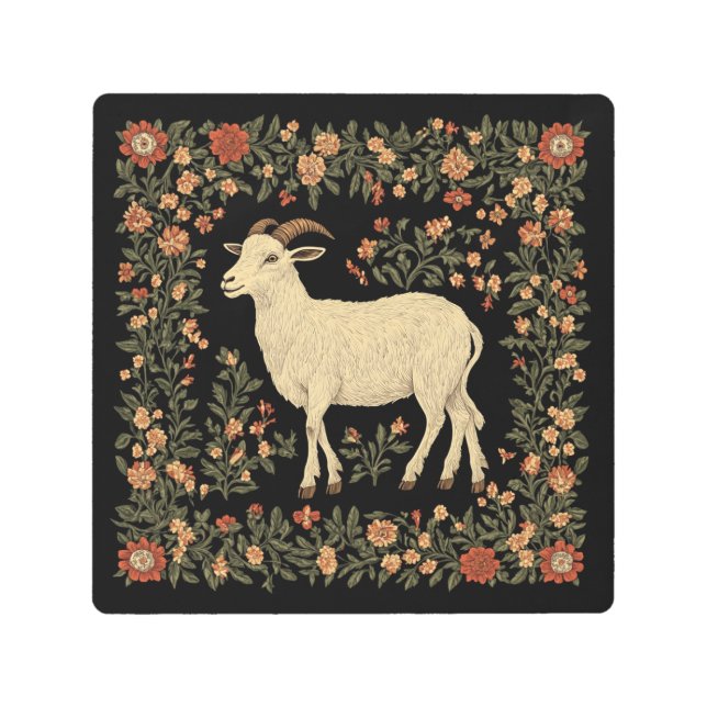 エンチャントヤギ&フローラフォークアートデザイン メタルプリント (正面)