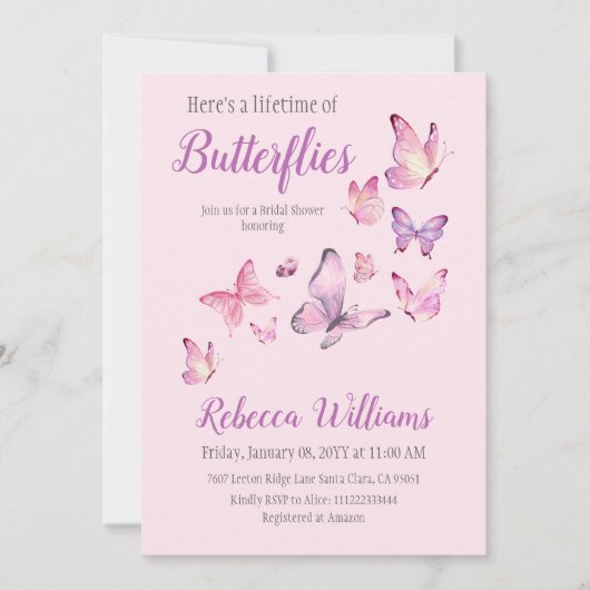 エンチャントライフオブバタフライパープルブライダルシャワー 招待状 (正面)