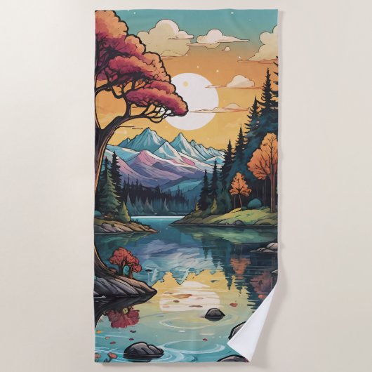 エンチャントレイクサイドセレニティサンセットランドスケープ ビーチタオル (正面)