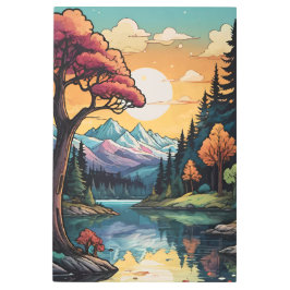 エンチャントレイクサイドセレニティサンセットランドスケープ メタルプリント