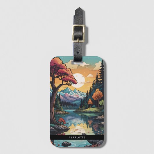 エンチャントレイクサイドセレニティサンセットランドスケープ ラゲッジタグ (正面縦)