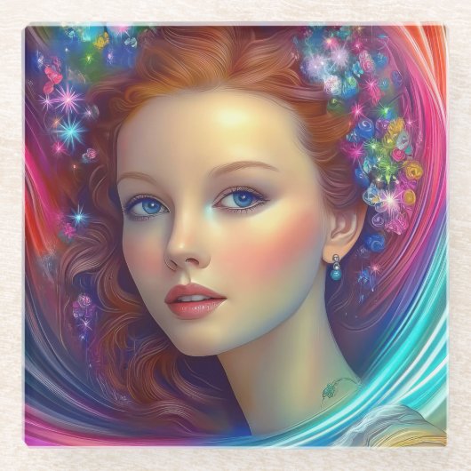 エンチャントレインボーヘアポートレート ガラスコースター (正面)