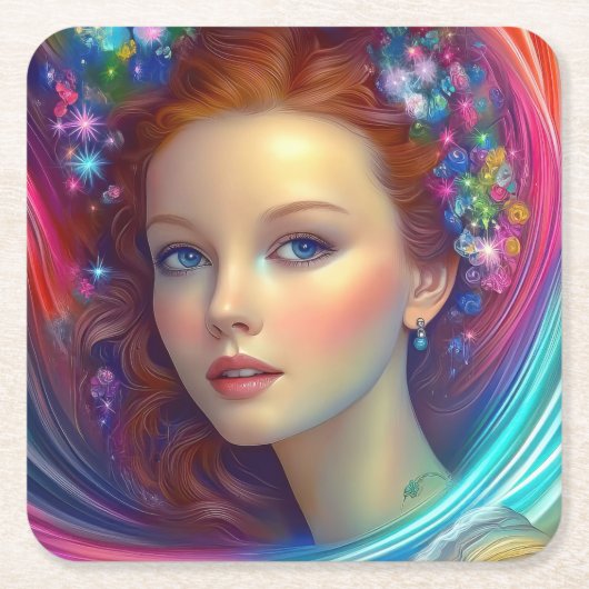 エンチャントレインボーヘアポートレート スクエアペーパーコースター (正面)