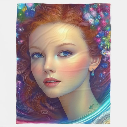 エンチャントレインボーヘアポートレート フリースブランケット (正面)